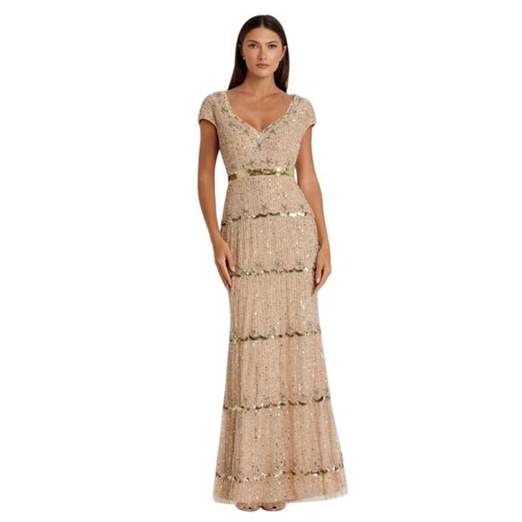 MAC DUGGAL Dress Size 16 Evening Gown Sequin Gold Tan Cap Sleeve Sweetheart NEW - Picture 1 of 7